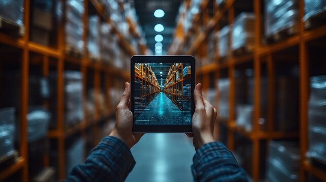 Futuristic Warehouse Scene with Businessman Managing Logistics with Tablet