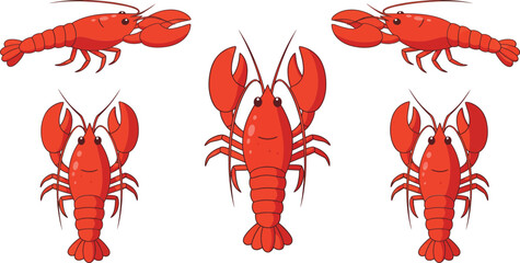 Lobster character designs in vibrant red flat style vector art