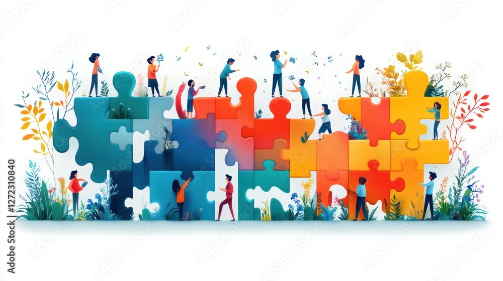 Poster business teamwork concept with cartoon characters collaborating on puzzle elements in office workspa