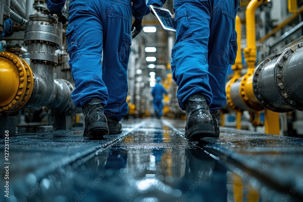 Poster engineers discussing tablet in modern factory setting