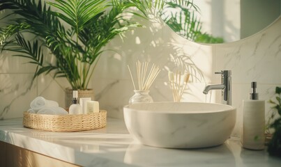 Minimalist modern bathroom with sleek marble countertops, stylish decor, and soft natural light creating a calm ambianc