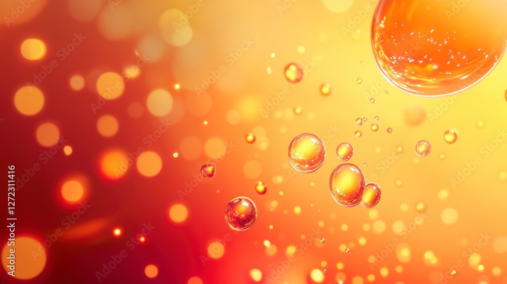 Aufkleber Abstract orange liquid bubbles and bokeh background. Visual representation of bubbles and lights. Suitable for science, technology, or abstract design projects