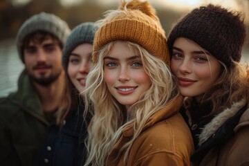 Fototapeta premium Laughing Friends by the Water's Edge in Autumn