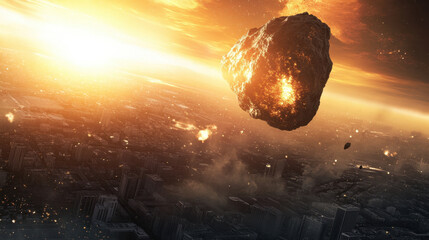 News broadcasts report an imminent asteroid strike, causing chaos in the city. Citizens rush for safety, creating a scene of fear and desperation as explosions ignite around them