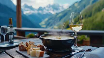 A table set at a Swiss alpine restaurant features a delicious fondue pot with freshly baked bread and a glass of white wine, overlooking breathtaking mountain scenery in the summertime