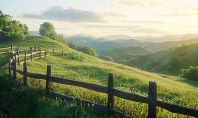 Rolling hills with wooden fence under a clear blue sky.