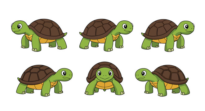 Cute turtle character animation in flat design style showcasing different poses vector illustration