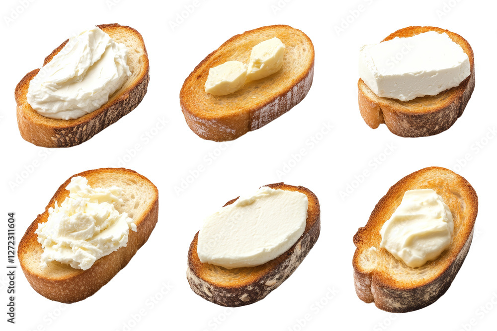 Poster close up of six different types of bread with various spreads on them, isolated