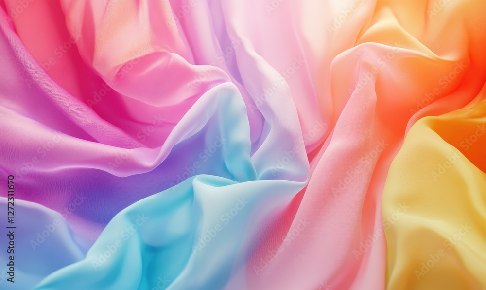 Poster vibrant rainbow fabric folds creating a soft and colorful texture, each hue blending seamlessly unde