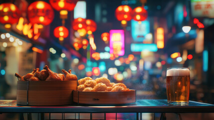Delicious dumplings and fried chicken sit on a table at a Hong Kong night market, surrounded by glowing lanterns and the buzz of activity as night falls