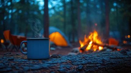 Fotobehang Steaming camp mug, forest campfire, night camping © ALIF JATI KUSUMA