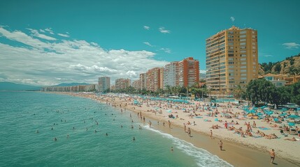 People enjoy a sunny day at a bustling beach in Malaga, Spain, with numerous sunbathers, umbrellas, and tall buildings lining the shore, creating a vibrant coastal atmosphere