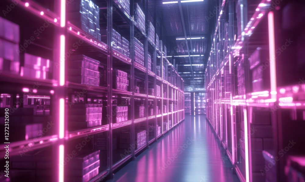 Poster rows of glowing packages on smart shelving units in a futuristic logistics hub, emphasizing automate