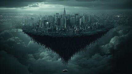 Eerie floating cityscape urban fantasy digital art surreal environment aerial view mystery concept