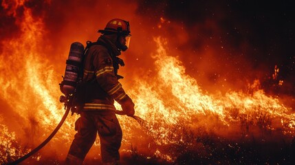 A firefighter is actively combating a fierce fire, surrounded by towering flames and smoke, focused on controlling the dangerous situation in a nighttime environment