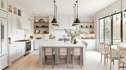 Sleek Scandinavian-style kitchen with white cabinets and large windows allowing natural light. The island is adorned with simple decor, blending functionality with aesthetic appeal