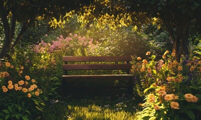 Sunlit garden with flowers and bench under dappled tree.