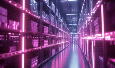 Rows of glowing packages on smart shelving units in a futuristic logistics hub, emphasizing automated efficiency.