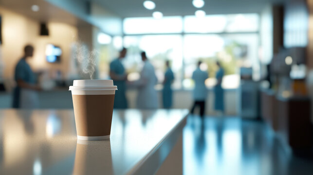 A hectic emergency room buzzes with medical personnel attending to patients. In the foreground, a steaming cup of coffee rests on the countertop, offering a moment of respite