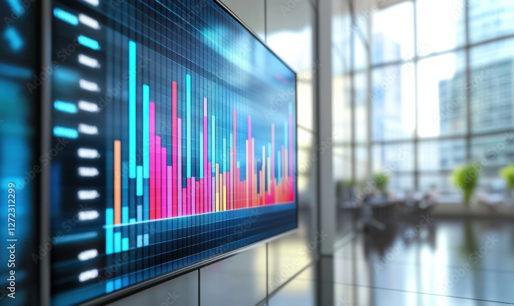 Aufkleber modern office setup with a large digital screen displaying colorful bar graphs, clean minimalist cor