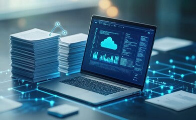 A laptop showcases cloud data analytics software on a desk cluttered with stacks of paper and documents, highlighting modern technology in a professional environment