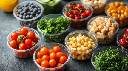 Brightly colored containers showcase an array of fresh vegetables and fruits, from vibrant cherry tomatoes to leafy greens, perfect for a nutritious lunch