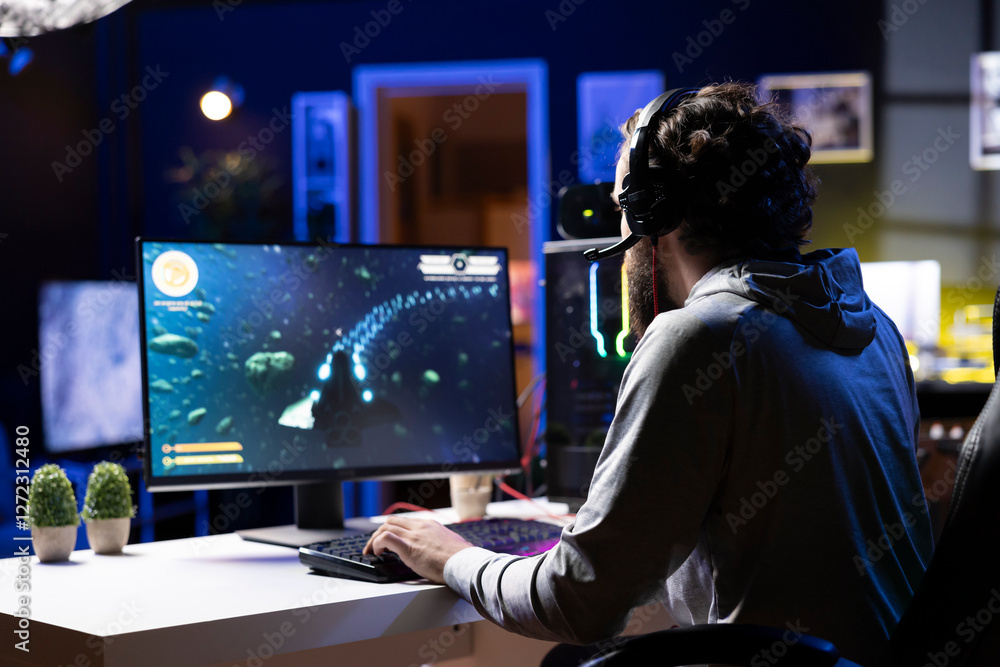 Poster man putting headphones on to play spaceship flying singleplayer game with overlay hud showing health