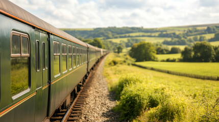 Obraz premium Train traveling through lush green countryside under a bright sky.