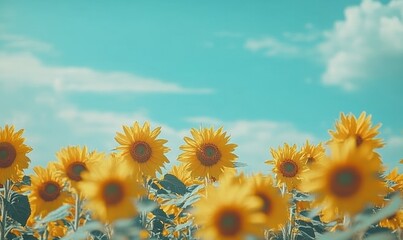 Vivid sunflower field under a brilliant blue sky, their bright yellow petals glowing in the golden sunlight, capturing the height of summer.