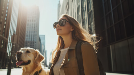 A blind woman wearing stylish sunglasses stands in an urban environment. She is accompanied by a guide dog, and they share a moment of tranquility among the tall buildings during a sunny day