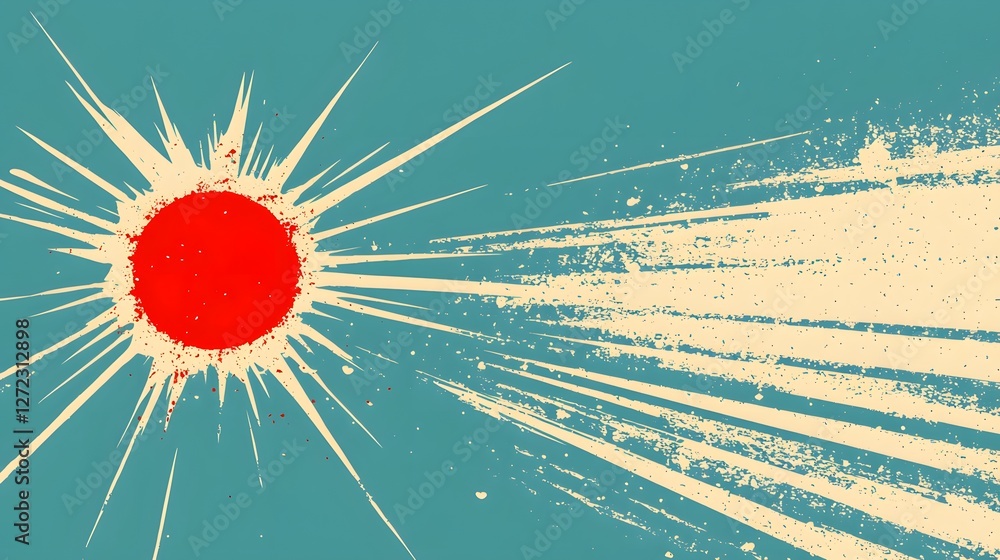 Poster bright red sunburst design with dynamic rays and textured background