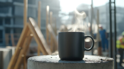 A black coffee cup sits atop a piece of unfinished concrete, emitting steam, while construction workers are engaged in building activities in the background