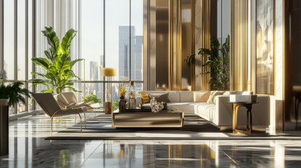 This lavish penthouse features an elegant living area adorned with modern furnishings, large windows offering breathtaking city vistas, and vibrant greenery adding a touch of nature