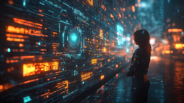 Futuristic Digital Landscape with Holographic Images and Neon Lights