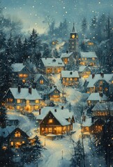 Whimsical Winter Village Scene with Snow-Covered Rooftops and Twinkling Lights