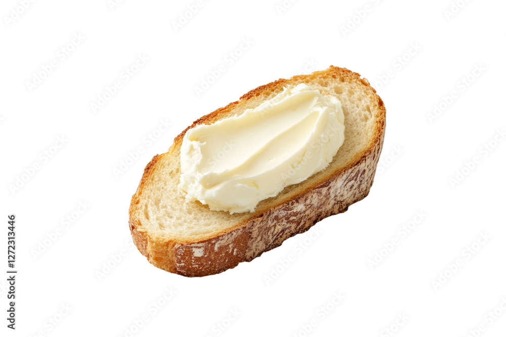 Poster slice of bread with a thick layer of butter on top, isolated