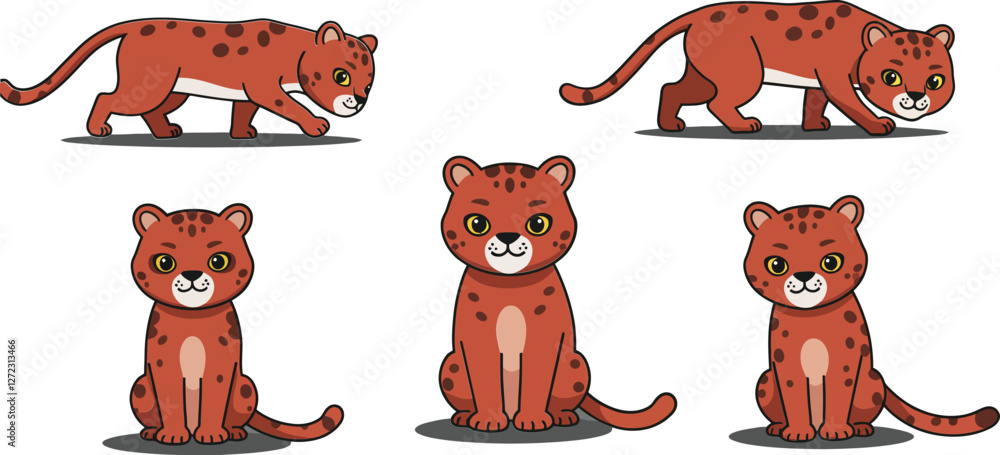 Poster cute cartoon leopard characters in playful poses with flat design style vector art