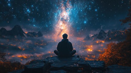 A figure peacefully sits on a rocky ledge atop a mystical mountain, gazing at the expansive night sky filled with stars and a colorful galaxy. Below, a shimmering valley glows softly