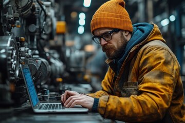 Industrial Engineer in Uniform with Yellow Helmet Using Laptop in Heavy Machinery Factory