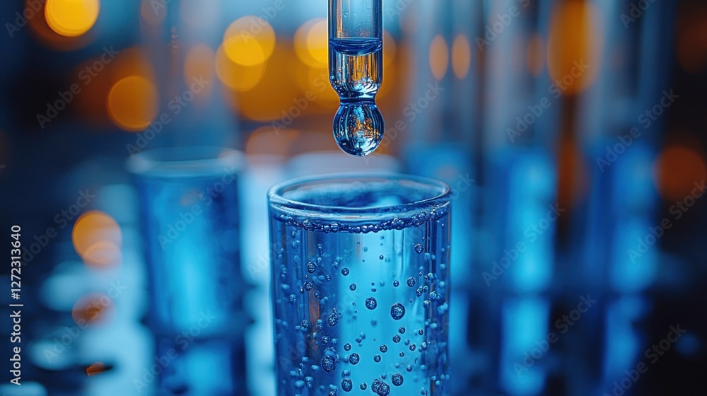 Poster liquid dropper releasing solution into test tube in a minimalistic laboratory setting