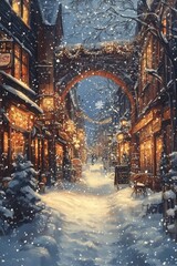 Whimsical Winter Alleyway Scene Watercolor Illustration with Snowflakes and Warm Shop Windows
