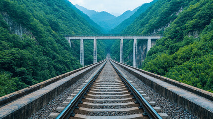 Fototapeta premium Railway tracks stretching through a lush mountainous landscape.