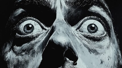 The subject displays wide open eyes filled with fear, capturing a moment of intense emotion in a dark environment that evokes tension and anxiety