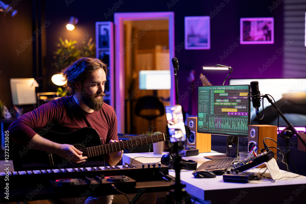 Poster musical performer hosting online guitar lessons with internet vlog on phone, recording himself singi