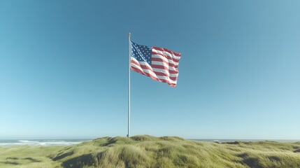 American Flag Waving Proudly on Sandy Dune Overlooking Ocean View