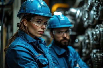Workers in Blue Uniforms at Industrial Factory with Machinery in Background