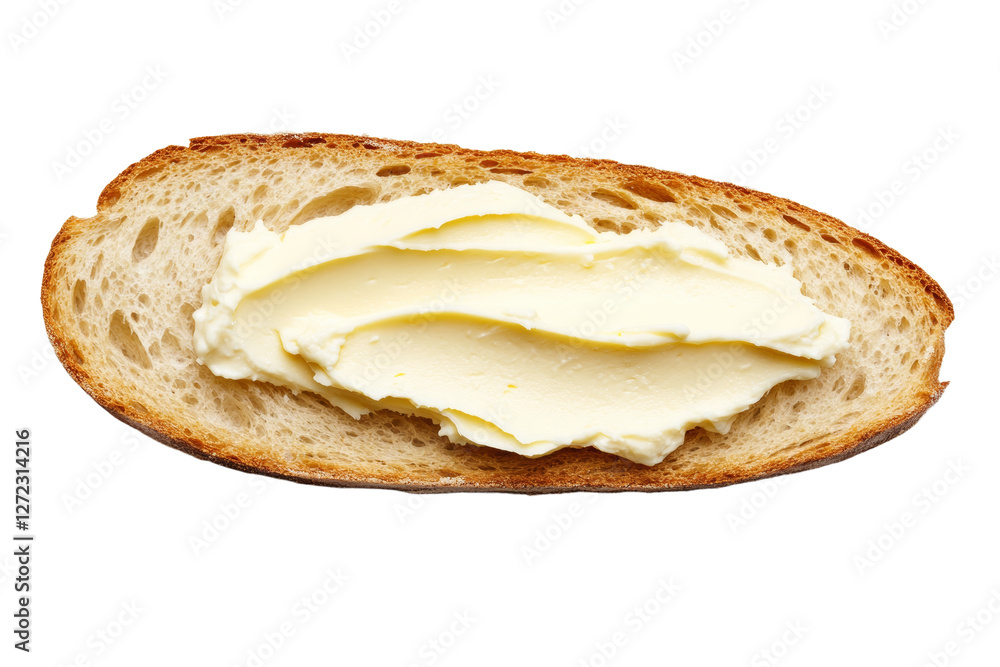 Poster slice of bread with a thick layer of butter on top, isolated