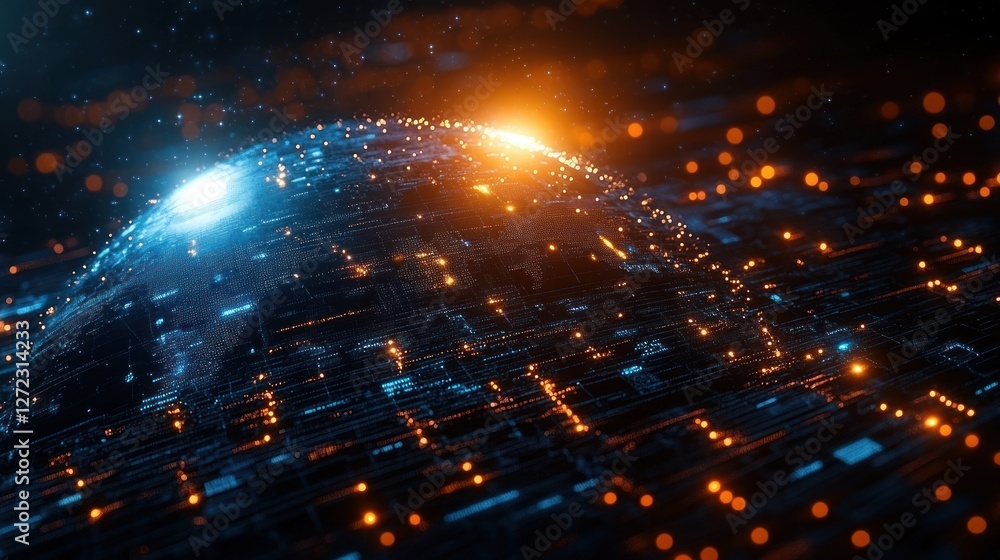 Poster futuristic digital globe with interconnected data streams and cyberpunk aesthetic