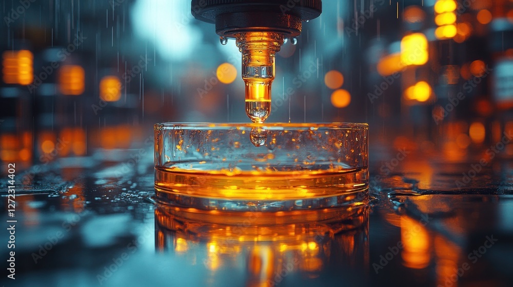 Poster pipette dropping liquid into test tube laboratory research and development science experiment