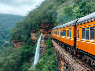 Obraz premium A vintage train travels alongside a lush green landscape and waterfall.
